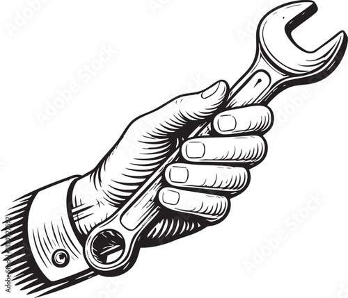 Hand holding wrench isolated illustration showing repair work problem solving concept