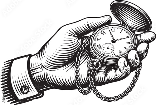 Hand holding pocket watch isolated illustration showing time control heritage concept