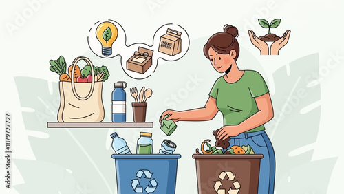 Woman sorting recyclables and compost at home with eco-friendly practices.