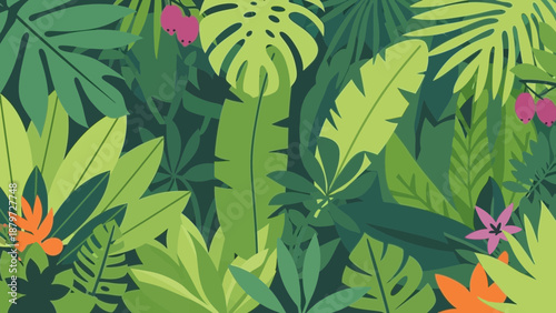 Vibrant Tropical Leaves and Exotic Flowers in Lush Green Jungle.
