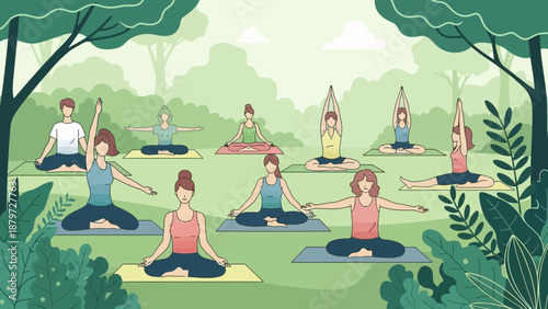 Group of people practicing yoga together in a serene outdoor setting.