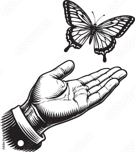 Open hand releasing butterfly transformation freedom concept
