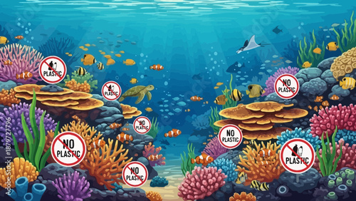 Underwater scene with coral reefs and fish, pollution warning signs.