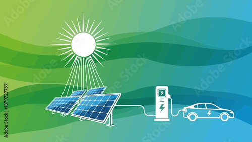 Solar Panels Charging Electric Car in Green Landscape.