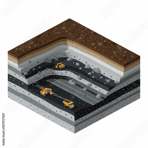 Isometric Cross-Sectional View of Underground Coal Mining Operation with Heavy Machinery.
