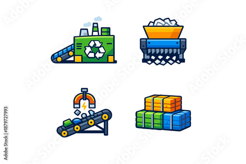 Industrial icons representing manufacturing and recycling processes