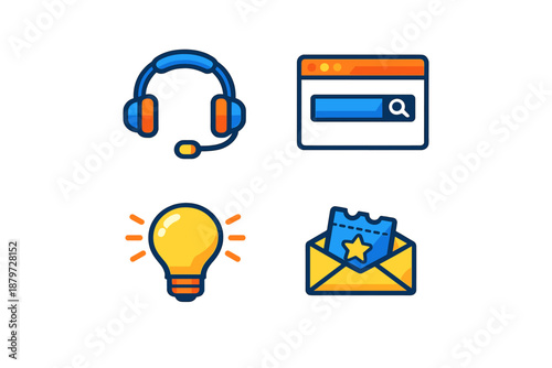 Set of four digital icons representing customer service, search, ideas, and tickets