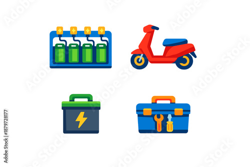 Set of four flat icons with glowing effects on a black background.