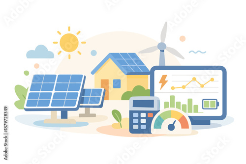 Renewable energy concept with house, solar panels and wind turbine