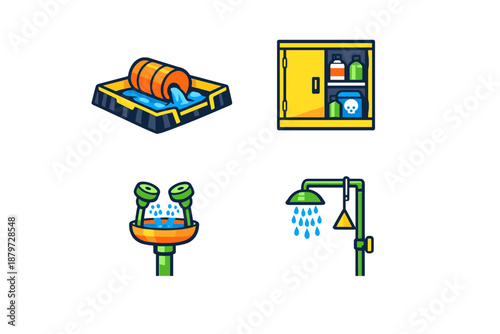 Safety equipment icons: spill containment, chemical storage, eyewash station, and safety shower