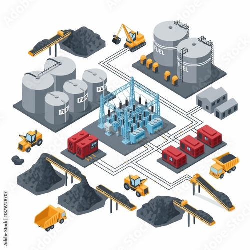 Isometric Industrial Mining and Energy Production Complex.