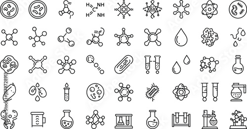 Science icon set with lab tools, molecules, bacteria, and viruses, black and white vector illustration, editable isolated symbols