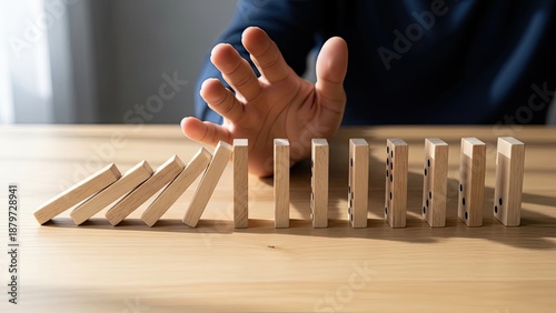 Hand stopping domino effect on wooden table.