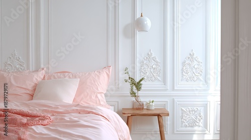 Elegant bedroom interior featuring pale pink bedding against ornate white paneled walls