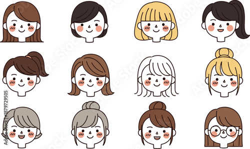 Female avatar icon set with diverse hairstyles and colors, cartoon vector illustration, editable design, isolated character symbols
