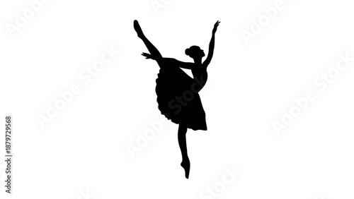 An elegant black silhouette of a ballerina in a classic tutu performing a graceful pose with one arm raised, capturing the essence of traditional ballet.