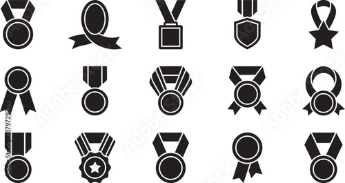 Collection of black and white award medals and ribbons, symbolizing achievement, victory, and recognition in various competitions and events
