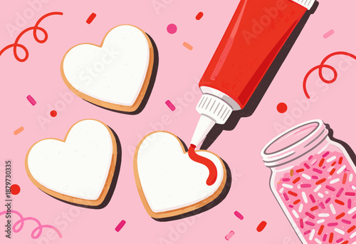 heart-shaped cookies being decorated with red icing on a pink table for valentine's day