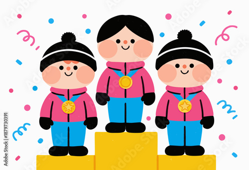 three cartoon children standing on podium celebrating winter sports victory with confetti