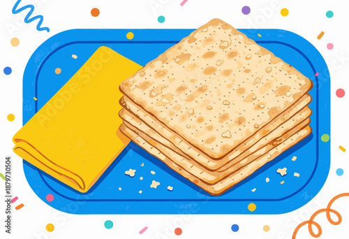 colorful festive table setting with stack of matzah on blue tray with yellow napkin
