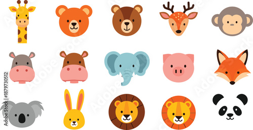 Cartoon animal face icon set, colorful vector illustration for kids, editable design, isolated educational and playful character symbols