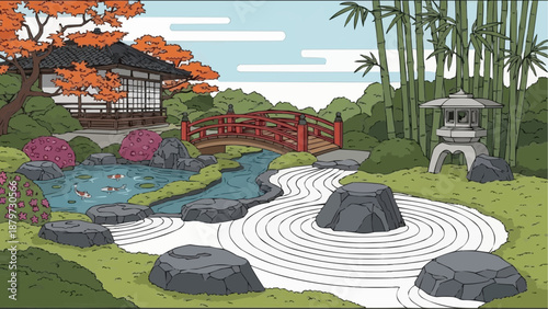 serene japanese garden landscape with pond bridge and traditional stone lantern nearby water feature high quality professional
