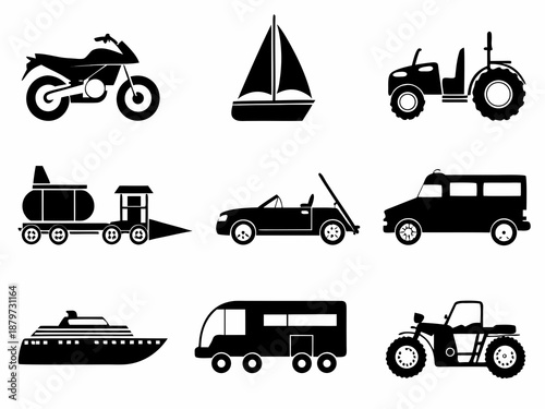 collection of various vehicles and watercraft silhouettes