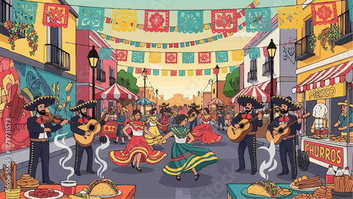 A vibrant mexican street scene showcases musicians dancers and delicious food creating a festive atmosphere high quality