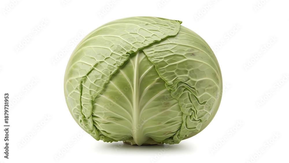 Fototapeta premium Fresh green cabbage head displayed on a plain surface, showcasing its crisp leaves and vibrant color in a close-up view Whisk style