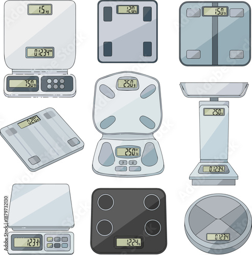 Create a kinds of deferent digital scale vector art with white background..