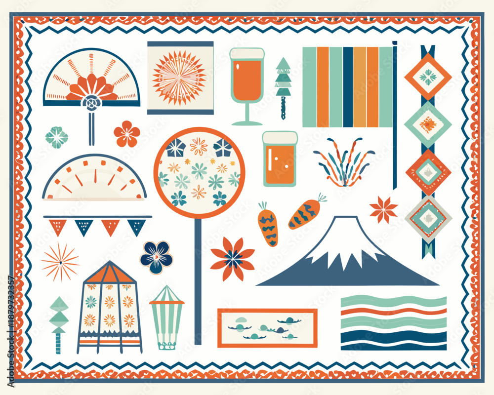 Fototapeta premium Stylized japanese themed pattern with icons of nature and cultural elements