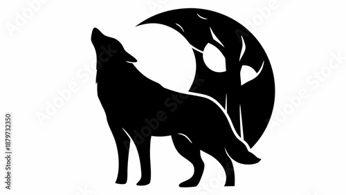 Wolf howling at crescent moon in dark silhouette