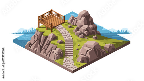 Isometric mountain pathway with scenic overlook and ocean view in nature landscape