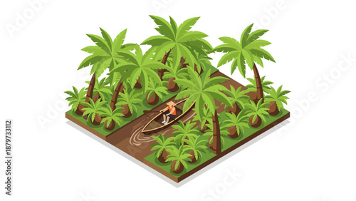 Isometric tropical jungle scene with canoe and palms