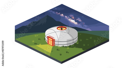 Isometric yurt under starry night sky with mountain view