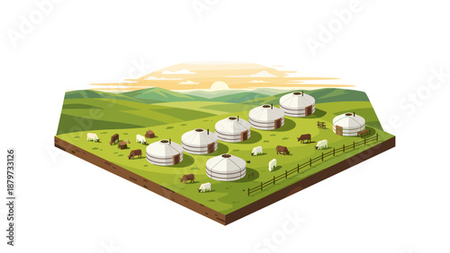 Idyllic pastoral scene with yurts and cattle amidst rolling hills at sunset
