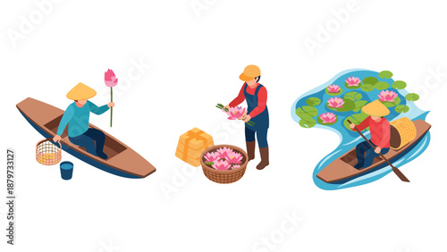 Isometric farmers harvesting lotus flowers on a calm lake with tranquil scenery