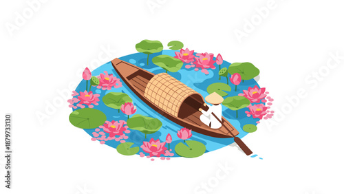 Traditional vietnamese boat on lotus lake with vibrant blossoms and tranquil water