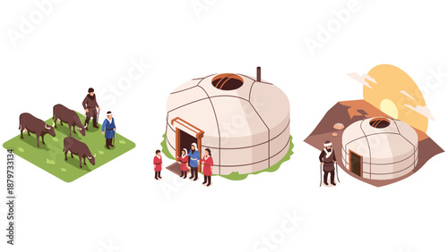 Isometric nomadic life: yurts and cattle at sunset