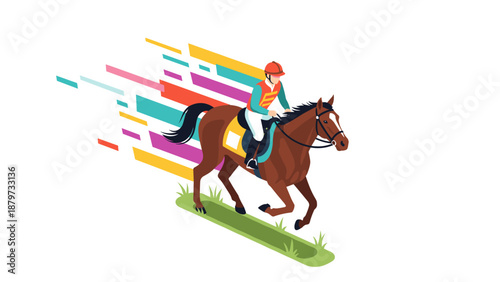Colorful modern racing horse with jockey in dynamic motion