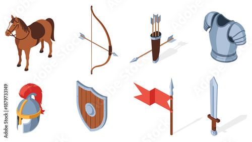 Medieval warfare icons set featuring armor, weapons, and heraldry in isometric style