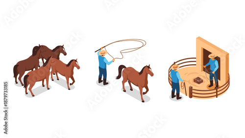 Isometric horse herding scene with cowboy roping and leading horses to corral