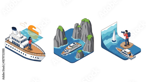 Isometric cruise adventure: nature and exploration by sea