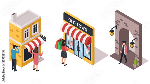 Isometric urban shopping scene with buildings and people in a town setting
