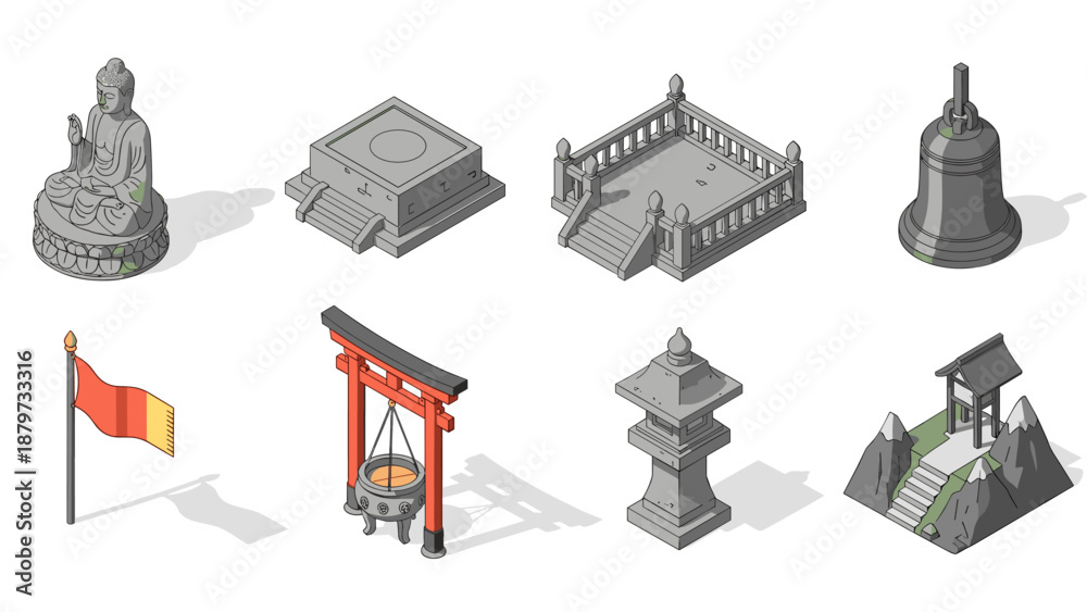 Obraz premium Isometric asian culture icons: temples, monuments, and traditional artifacts