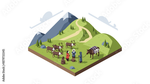 Isometric scene of medieval traders with reindeer in mountainous landscape
