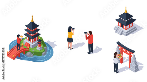Isometric asian landmarks with travelers and photographers in scenic views