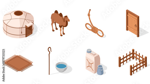 Traditional nomadic life isometric icons: yurt, camel, rope, tent door, carpet, water bowl, fuel can, fence
