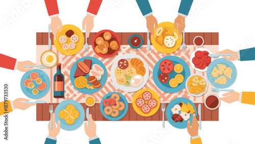 Colorful family feast with variety of dishes on table