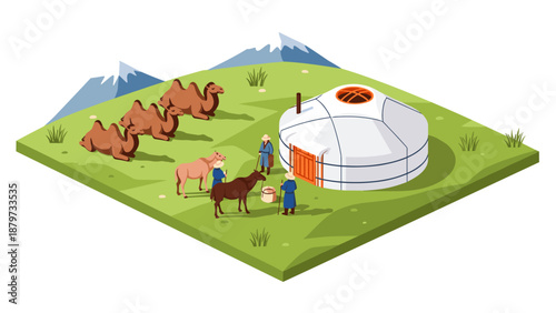 Isometric nomadic scene with yurt and camels in mountainous landscape